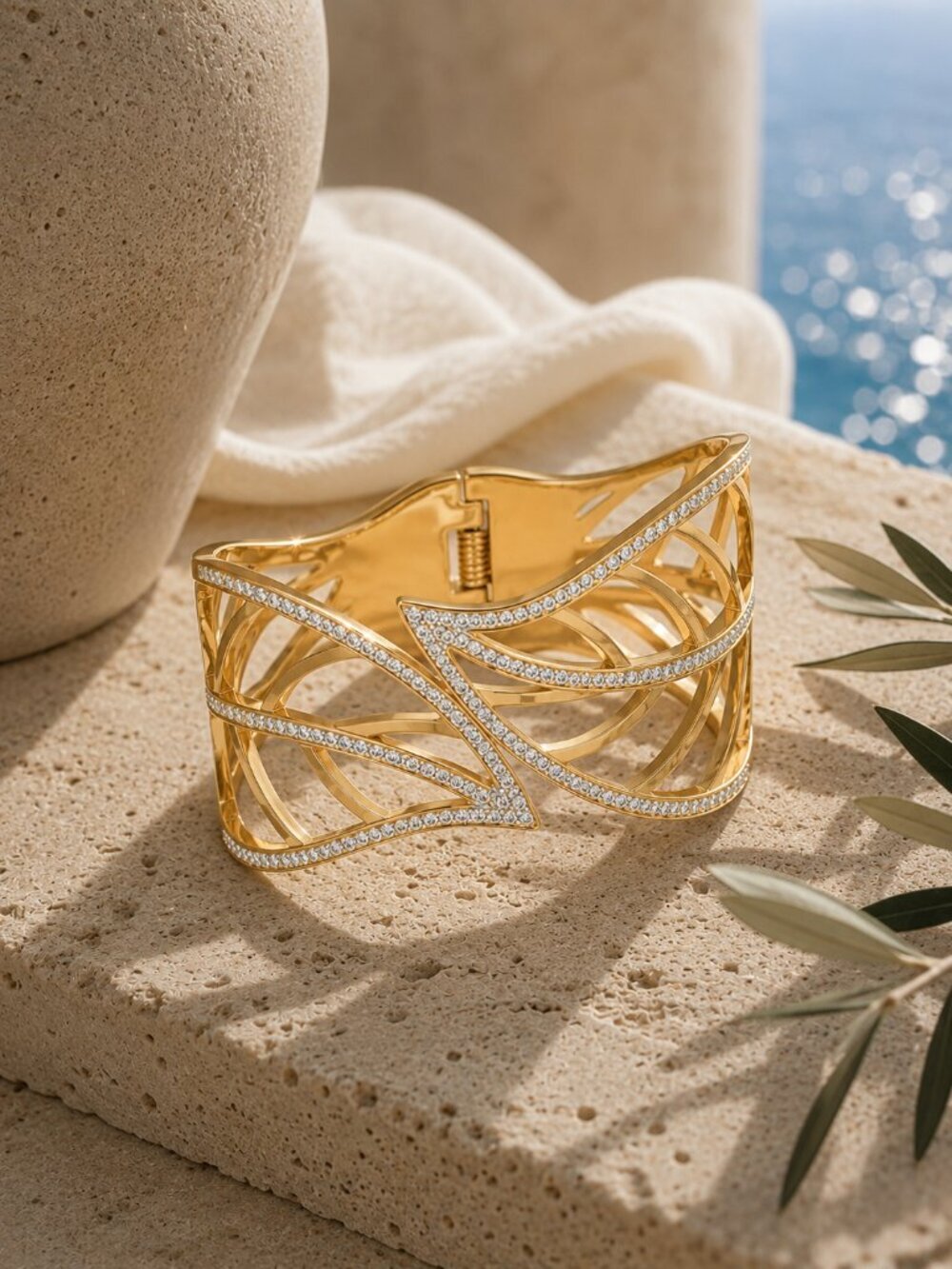 18K Gold Plated Leaf Cuff Bracelet Crystal Rhinestone Hinged Old Money Mob Wife